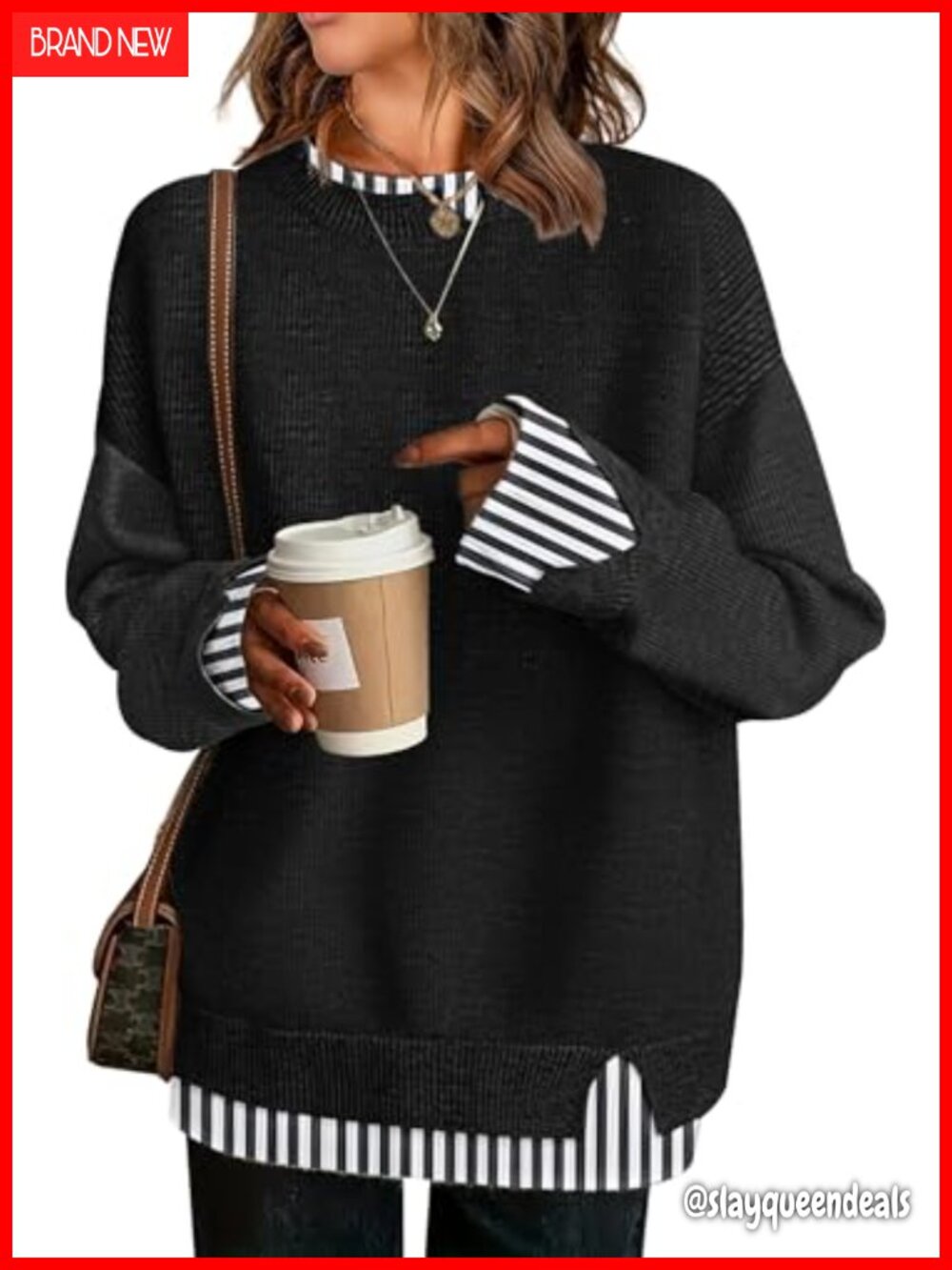 Womens Oversized Patchwork Sweater Crew Neck Drop Shoulder Knit Pullover